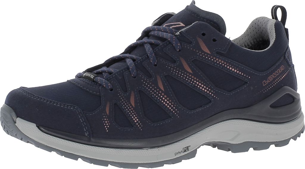 A single blue LOWA hiking shoe is shown from the side against a light gray background.