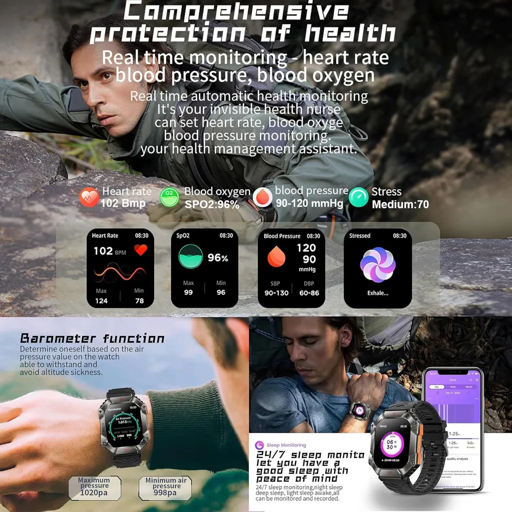 Activity Tracker Uomo 5ATM - Orologio Militare con Chiamate e SpO2 - 4
