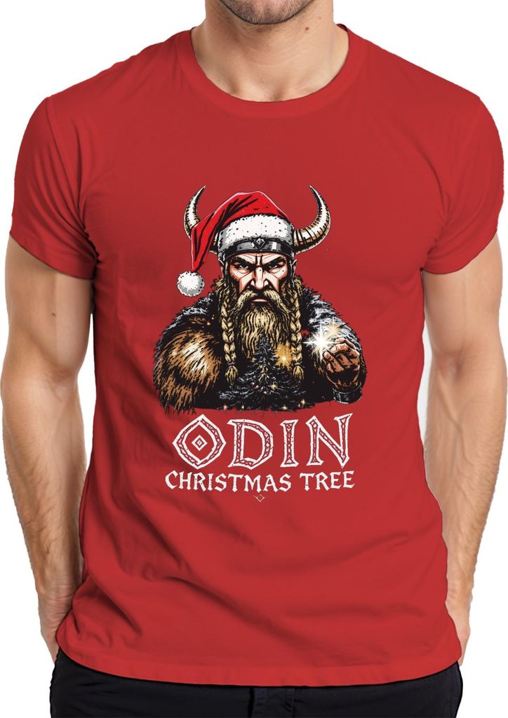 ODIN CHRISTMAS TREE Wikinger nordisch Weihnachten Geschenk Bart Herren T-Shirt, Rot, L