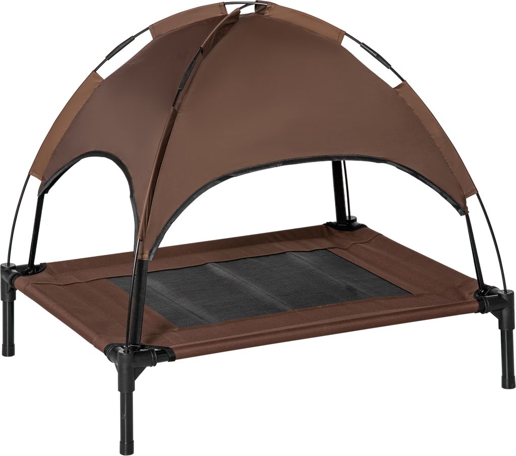 A brown elevated pet bed with a canopy, shown against a white background.
