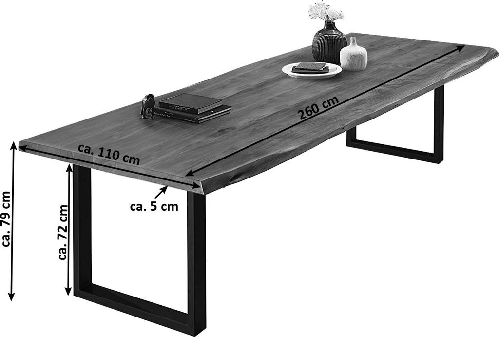 Esstisch Baumkante massiv Akazie nussbaumfarben 260 x 110 silber VALIN