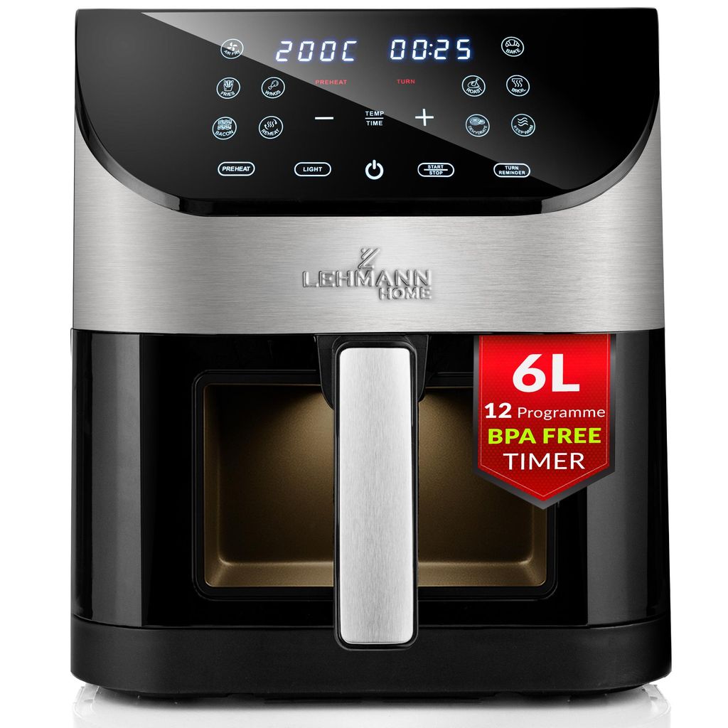 Lehmann 6L Heißluftfritteuse mit Sichtfenster, 1500 W Friteuse Heissluft mit 10 Programmen, ohne Öl, 76-200°C Airfryer, Timer und Touch-Display