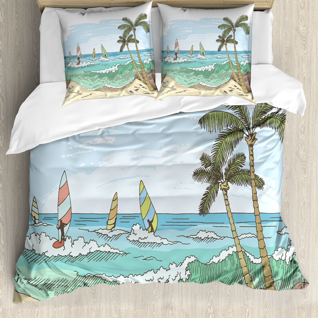 ABAKUHAUS Grafik-Strand Bettbezug Set für Einzelbetten, Windsurfen Sketch, Milbensicher Allergiker geeignet mit Kissenbezug, 200 cm x 200 cm - 80 ...