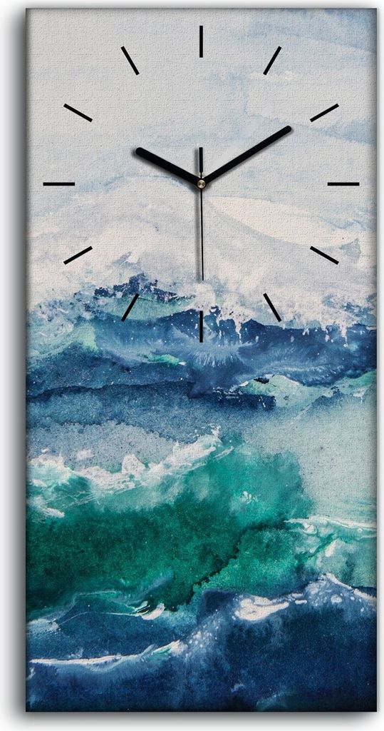 Wanduhr Bürouhr Leinwand Bild Geräuschlos 30x60 groß Meereswellen Aquarellfarbe - schwarze Hände