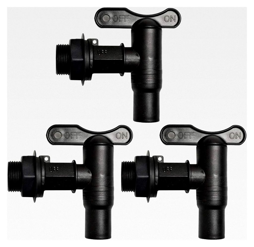 3er Set Wasserhahn für Regentonne, Kunststoff-Auslaufhahn in Schwarz, langes Gewinde mit Mutter und Dichtung, Auslaufventil Kugelhahn