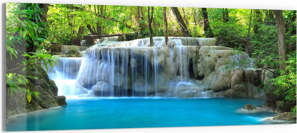 DEQORI Glasbild Echtglas 125x50 cm 'Exotischer Wasserfall' Wandbild Bild modern Deko