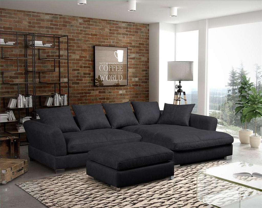 Couchgarnitur TIZIAN L-Form Wildlederoptik- Anthrazit / Rechts+ Hocker