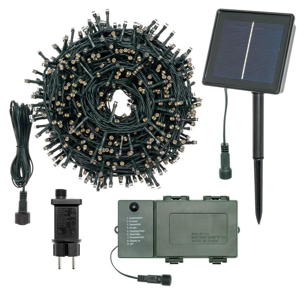 Xmas King LED-Lichterkette 25 m, 500 LEDs, Batterie-/Solar-/Transformatorbetrieb, 230 V, Außenbereich, warmweiß