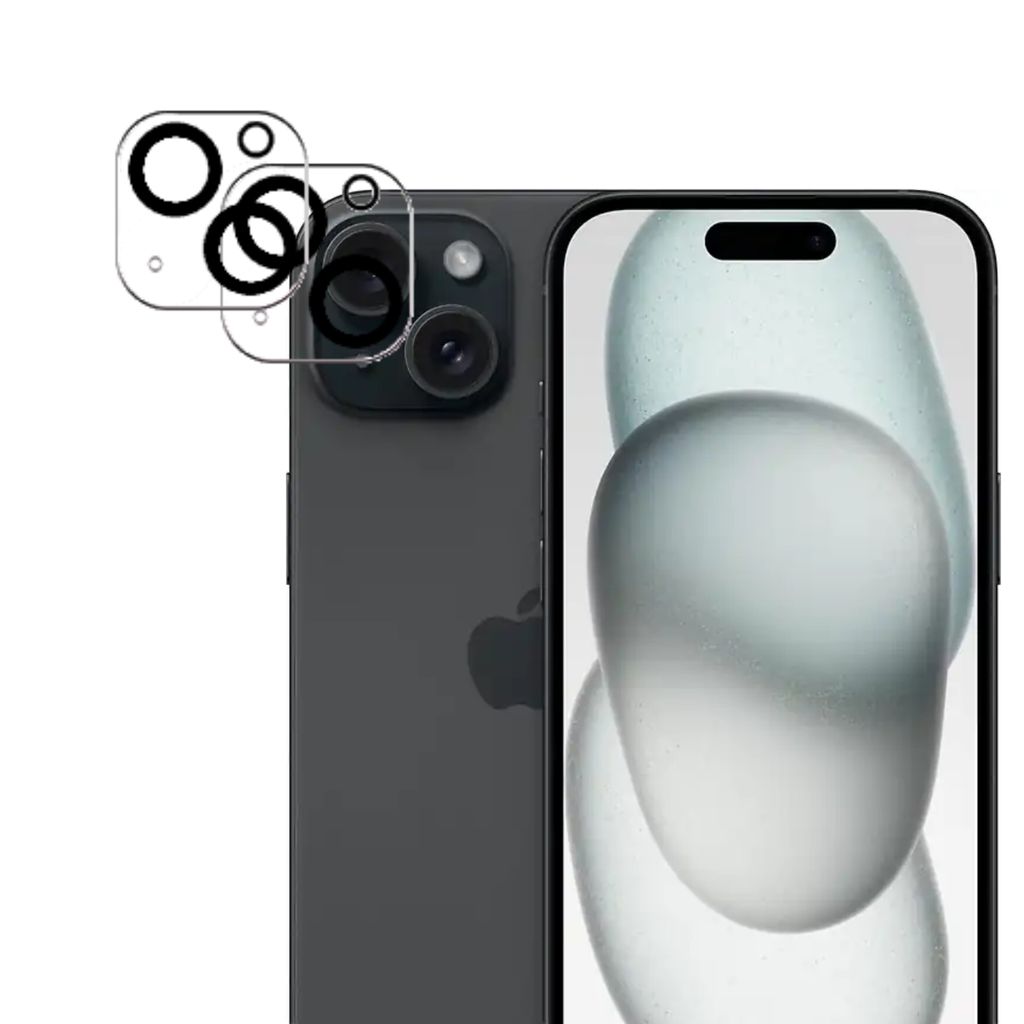 A smartphone with camera lens protectors shown in front of it.