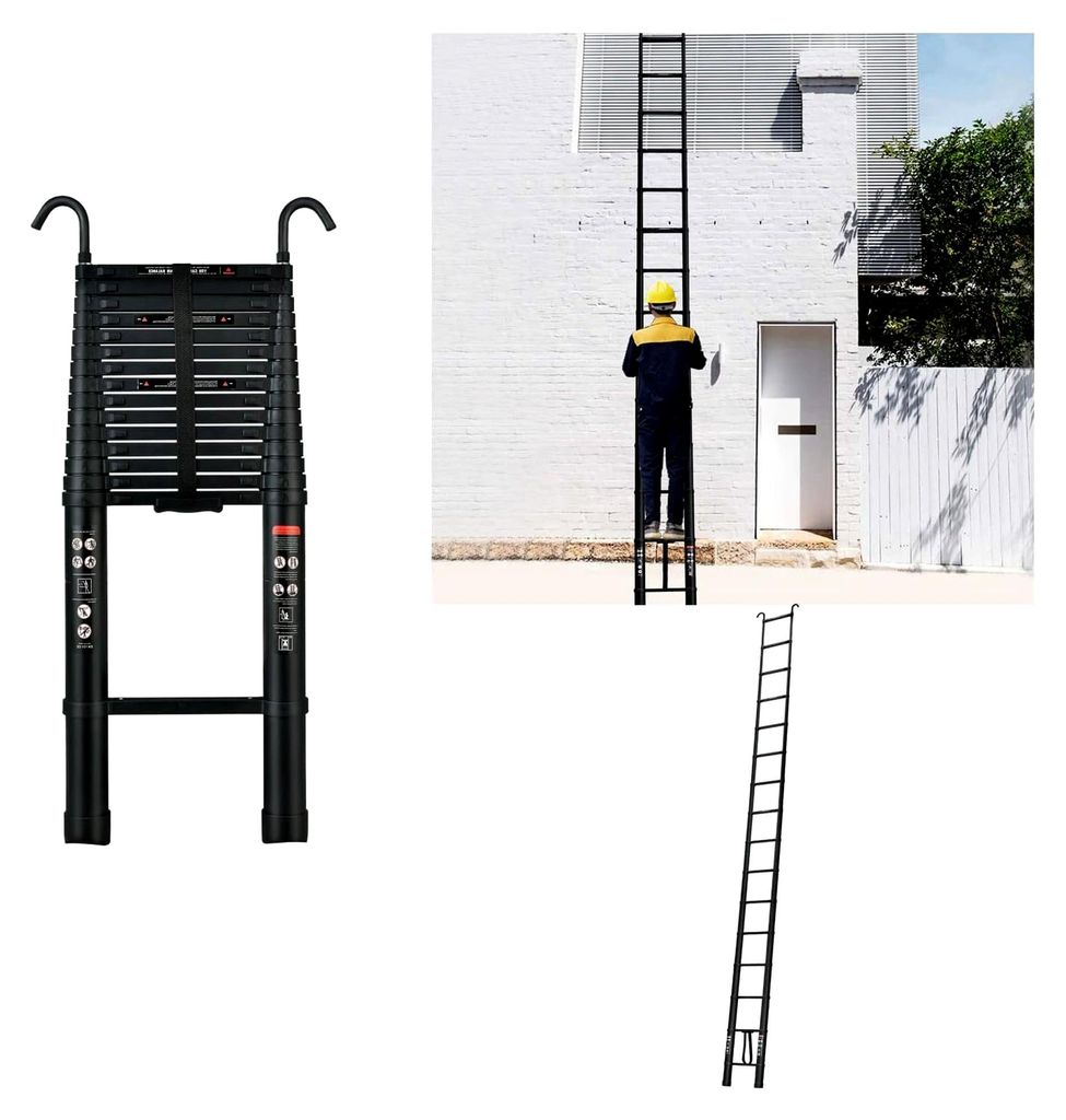 Teleskopleiter 6,2 m / 20,3 ft mit Haken, ausziehbare Haushaltleiter, tragbar und rutschfest, langsame Ausführung, maximale Belastung 150 kg