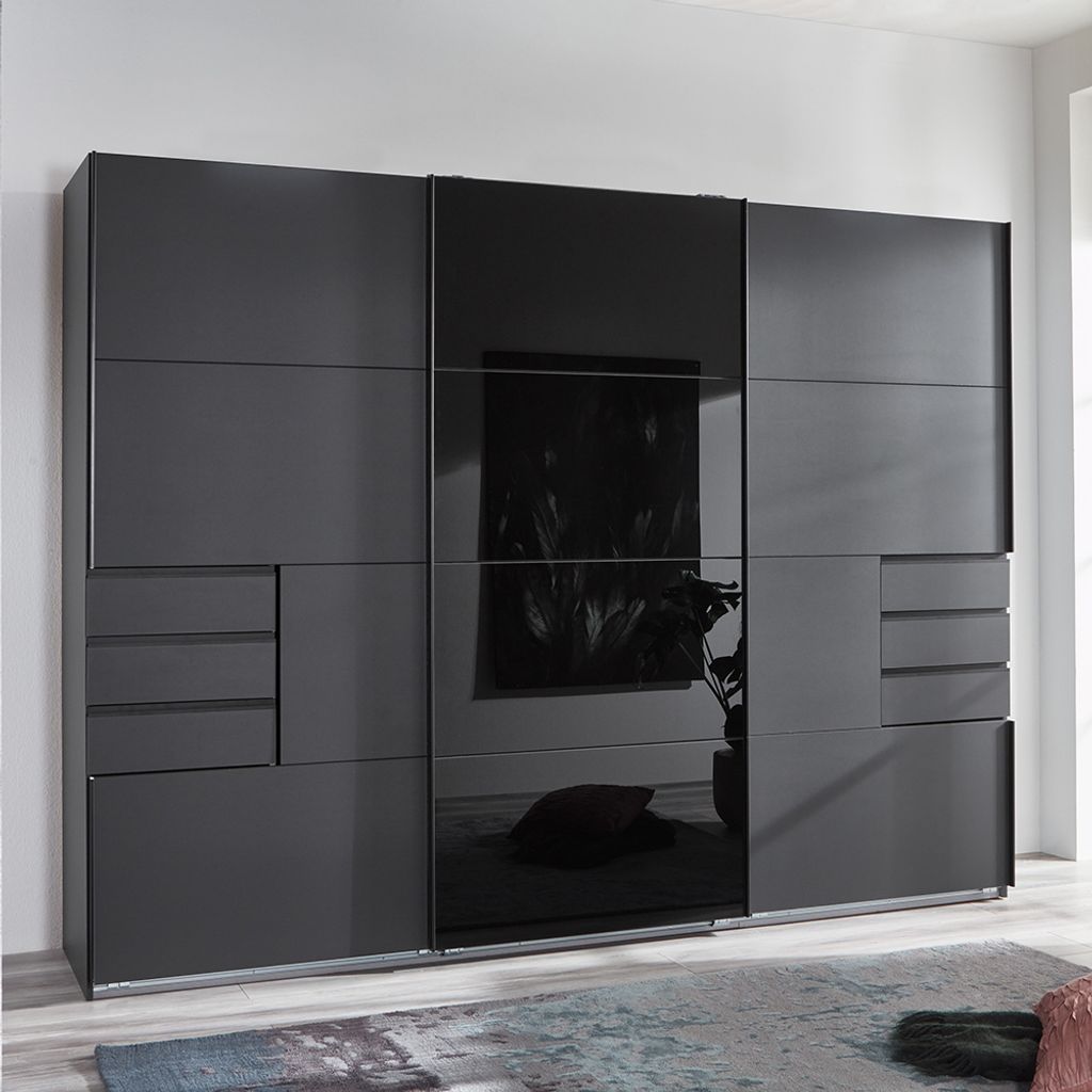 Schwebetürenschrank 3-türig 270cm, graphit mit schwarzem Glas, STRATFORD-43
