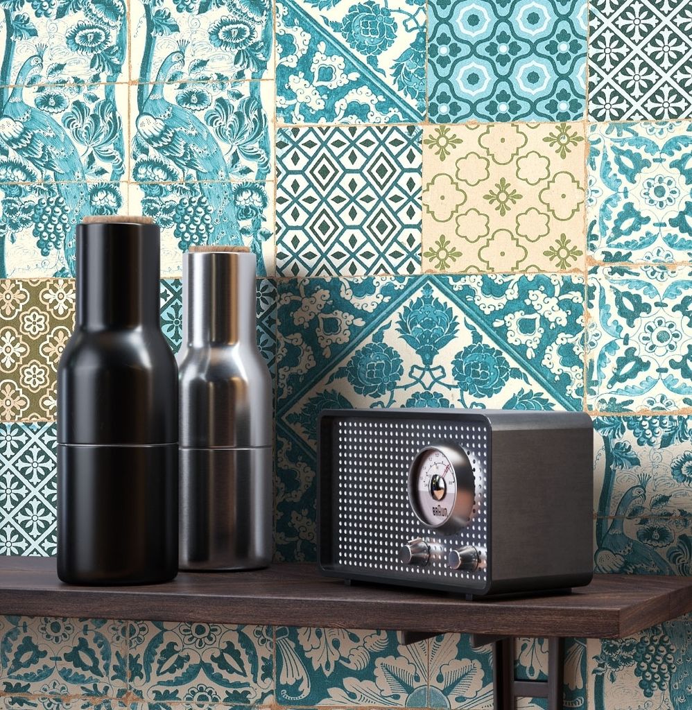 NEWROOM Tapete Blau  Fliesen - Fliesenoptik Vintage Braun Produktbild 