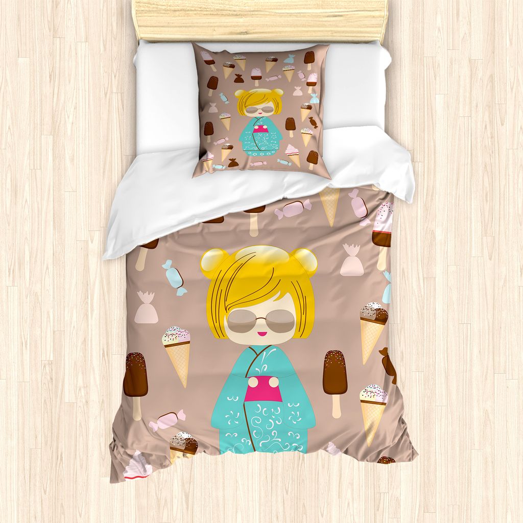ABAKUHAUS Anime Bettbezug Set für Einzelbetten, Kokeshi Puppe Ice Cream, Milbensicher Allergiker geeignet mit Kissenbezug, 135 cm x 200 cm - 80 x ...
