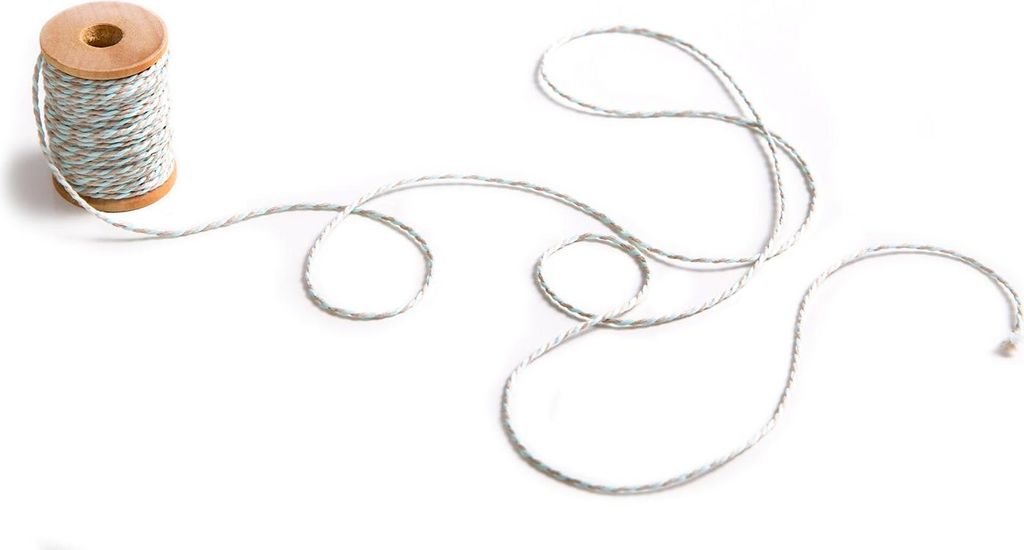 1 kleine Rolle beige türkis creme grau Baumwoll-Band Garn Kordel Paket-Schnur mit 15 Meter auf Holzspule; 2 mm zum Basteln Verzieren Verpacken und...