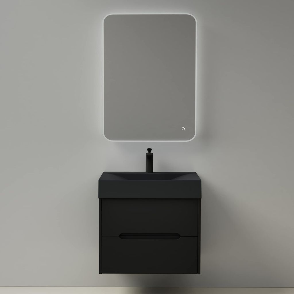 Mai & Mai Badezimmermöbel Waschbeckenunterschrank mit Softclose Schubladen inkl. Mineralguss Waschbecken LED-Badspiegel 60cm in Matt Schwarz Badm...