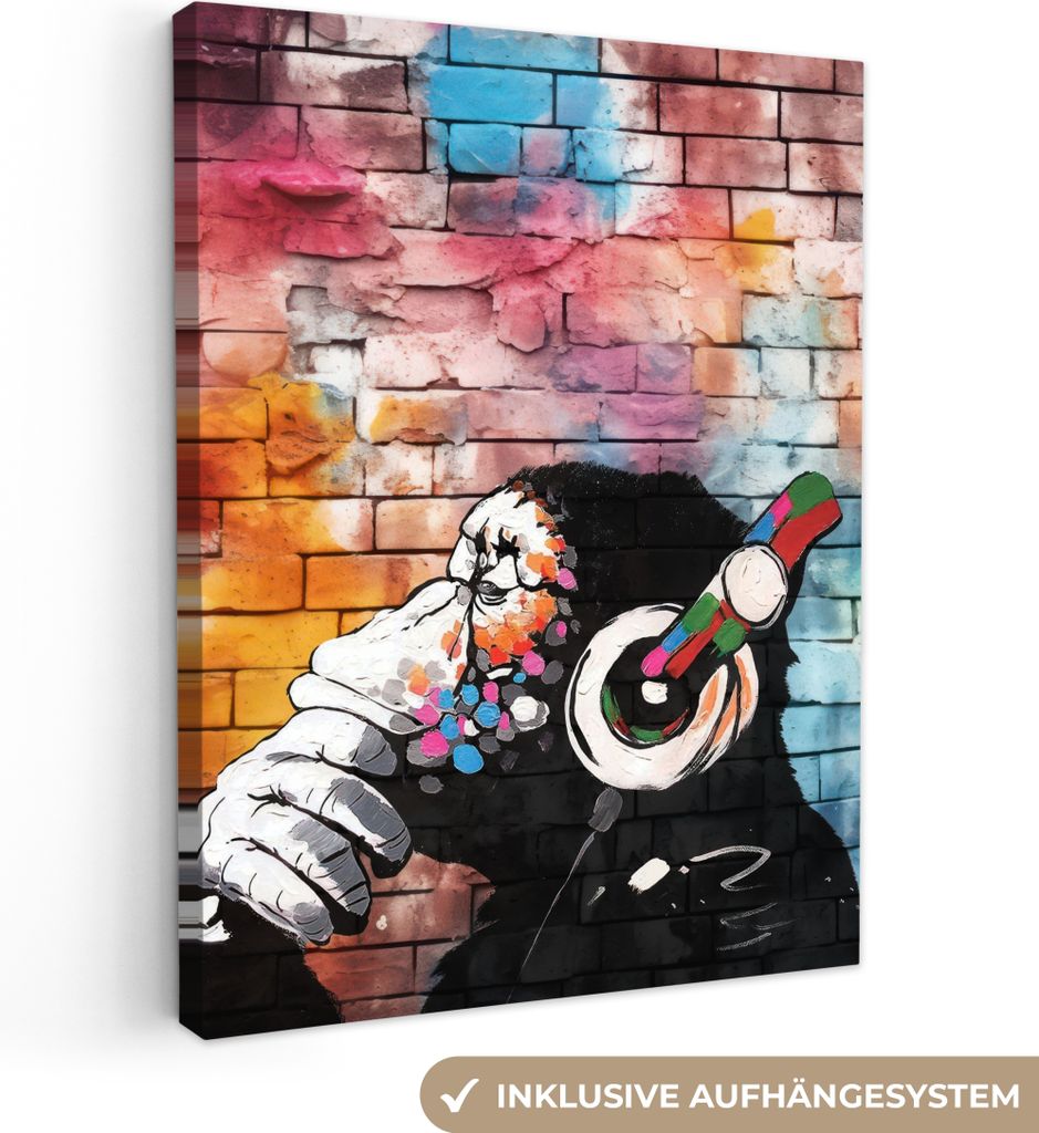 Leinwandbilder 60x80 cm - Graffiti - Affe - Farbenfroh - Kunst - Tier, Bilder Wohnzimmer Modern, Wanddeko