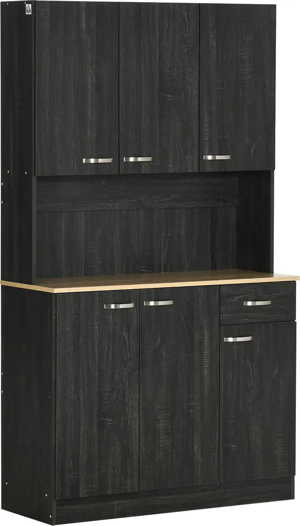 Buffet haut de cuisine noir 6 portes et tiroir avec grand plateau