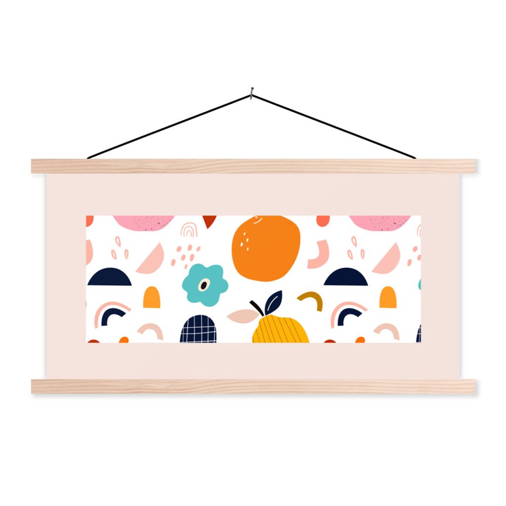 MuchoWow Textilposter Obst - Blumen - Pastell - Abstrakt - Muster 60x30 cm mit holzfarbenen Rahmen - Dekoration