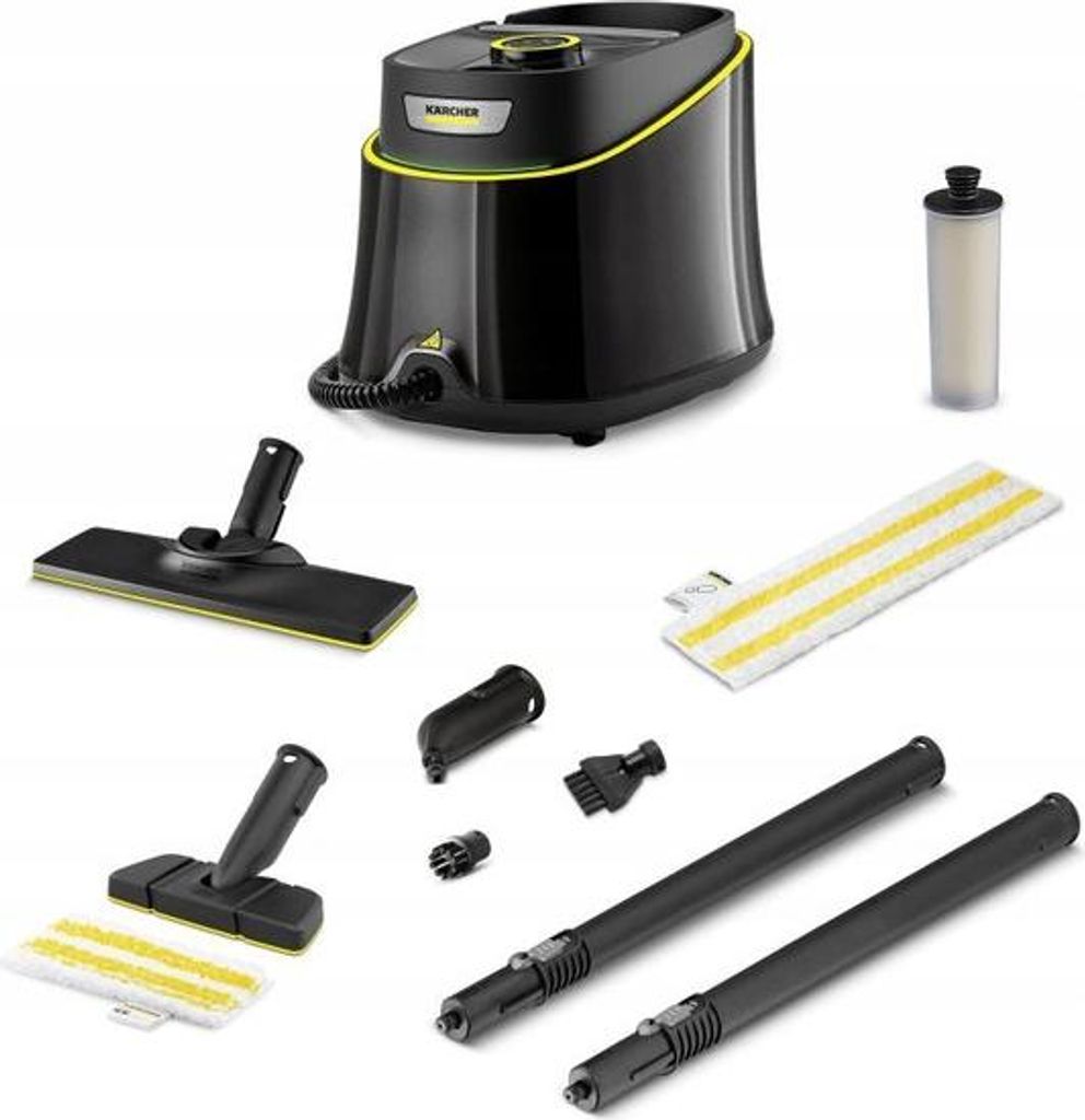 A collection of Karcher steam cleaner accessories and the main unit are displayed against a white background.