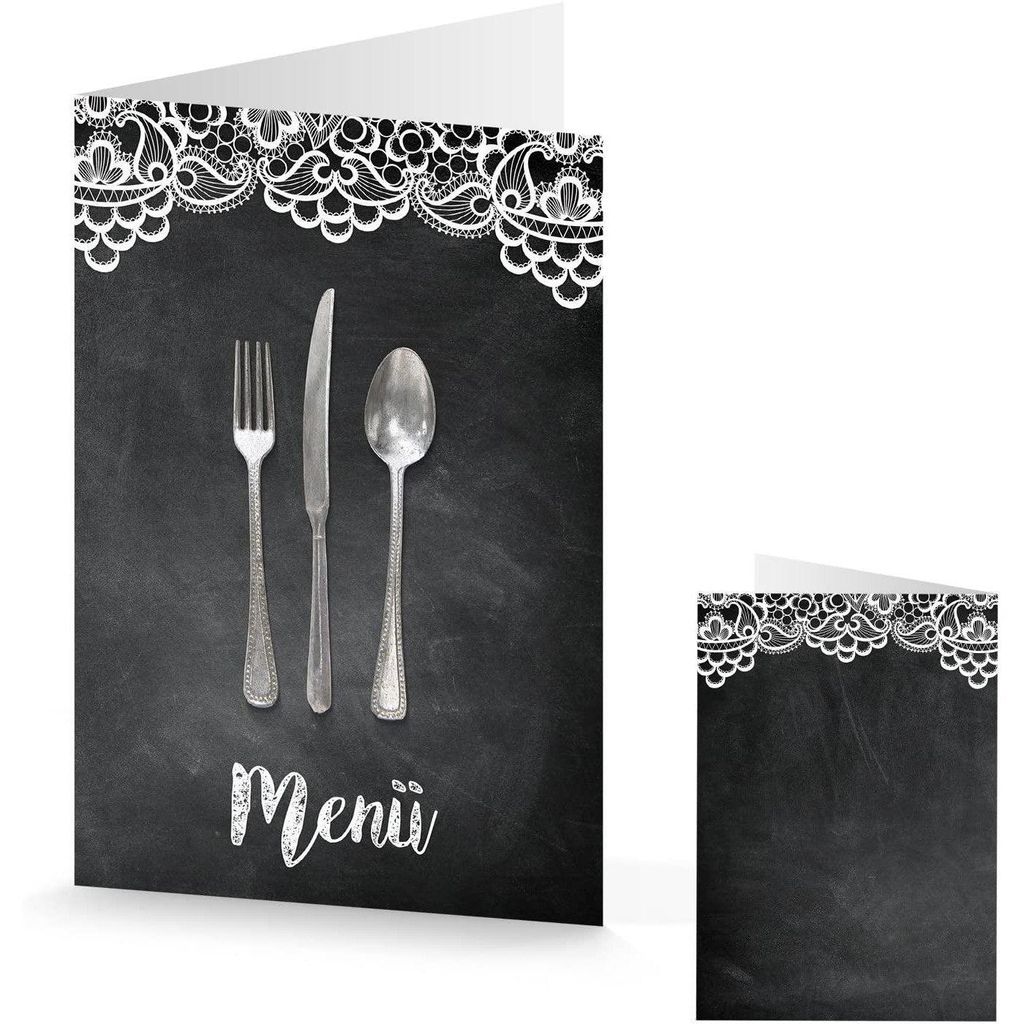10 Stück Menükarte Speisekarte SPITZE schwarz weiß Karte MENÜ bedruckbar beschreibbar Besteck Tisch-Deko Hochzeit Geburtstag Tafelkreide vintag...