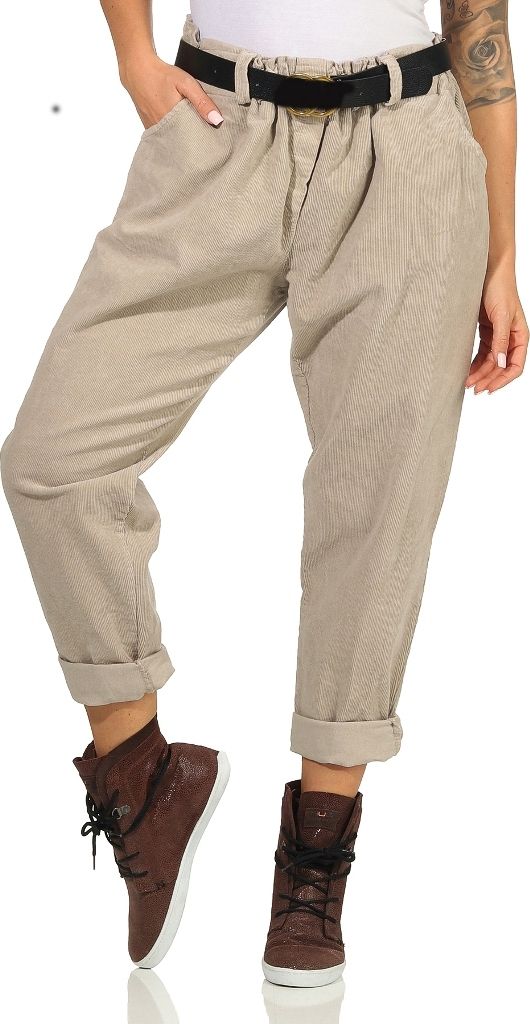 345 Damen Samthose Baumwolle Hose Freizeithose Stoffhose elegante Haremshose Gürtel Tunnelzug Beige