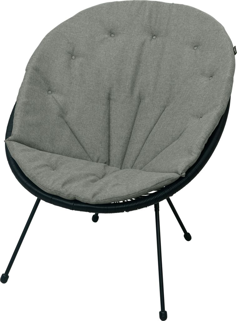 A gray cushion on a black chair with black legs, isolated on a white background.