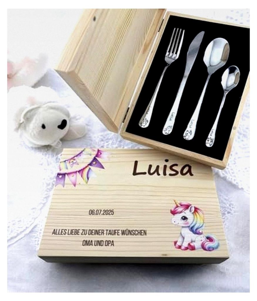 Kinderbesteck mit Gravur und Einhorn-Set in farbiger Holzbox, personalisiert mit Namen, Geschenkidee zur Geburt oder Taufe