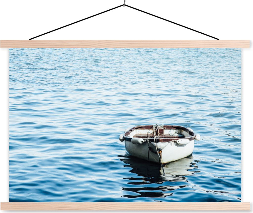 MuchoWow Textilposter Boot - Wellen - Meer 150x100 cm mit holzfarbenen Rahmen - Posters