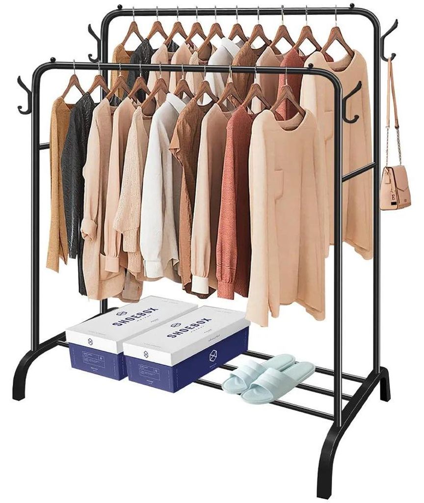 Garderobenständer Kleiderständer - Freistehender Kleiderständer - Metallrohr 110x53x150 cm - Mit Seitenhaken - Für Schlafzimmer Büro - Schwarz
