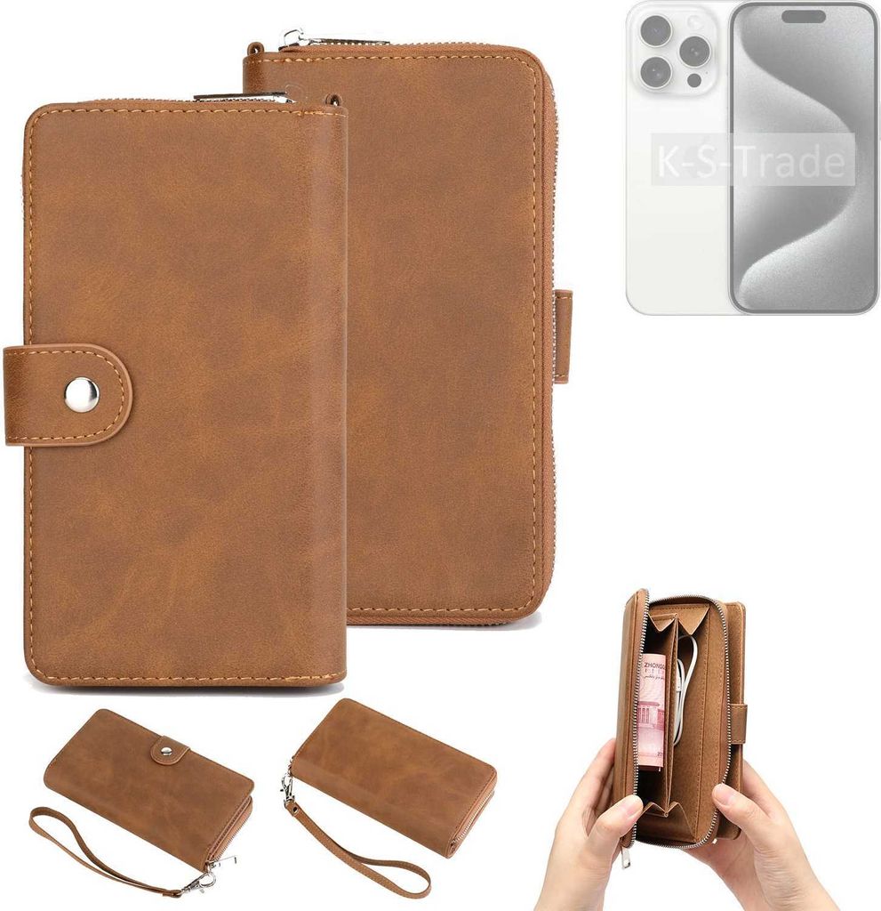K-S-Trade Handyhülle Schutzhülle kompatibel mit Apple iPhone 15 Pro & Portemonnee Tasche Handytasche Case Etui Geldbörse Wallet braun (1x)