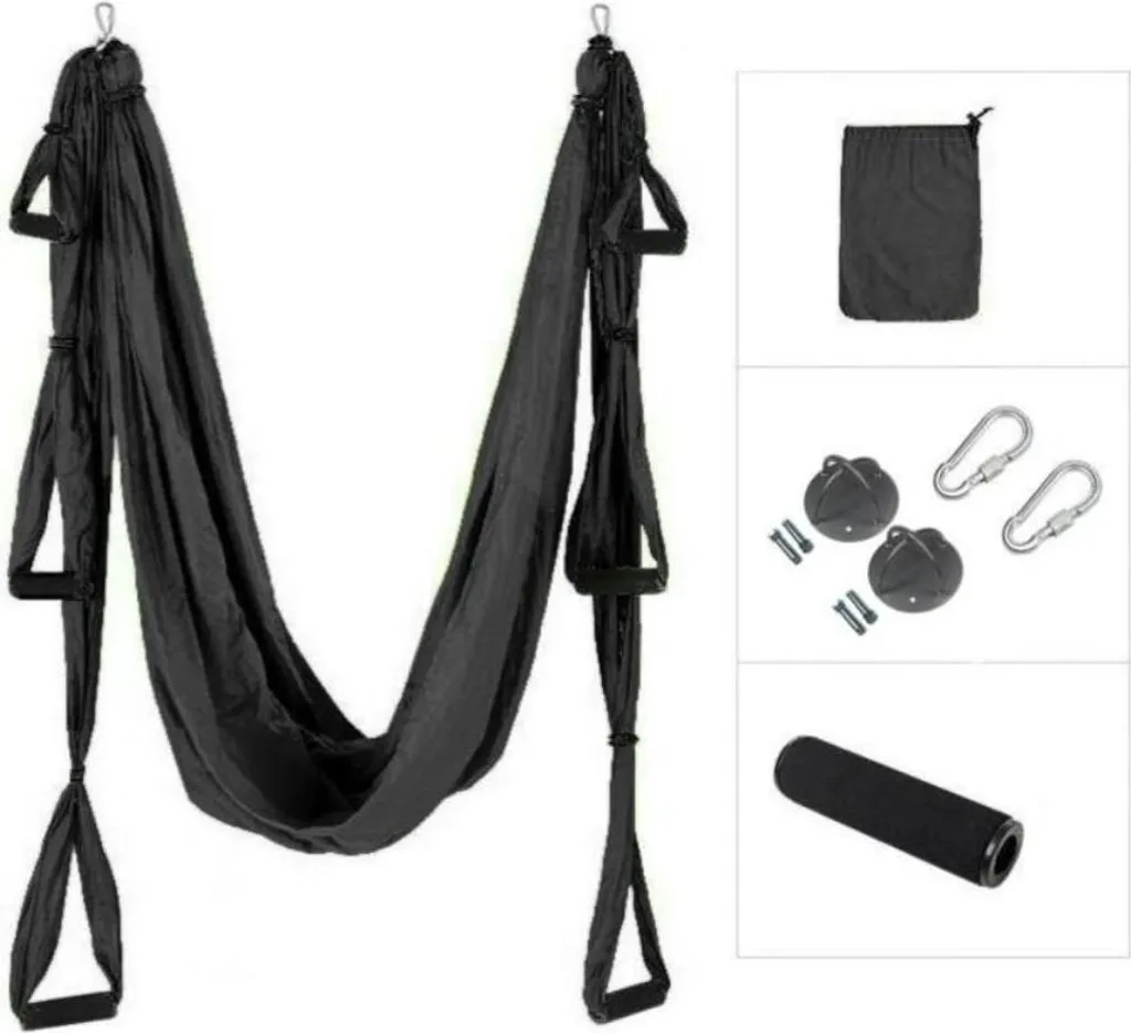 Trapèze de Yoga Aérien ACRA Noir avec Sangles Réglables pour Suspension