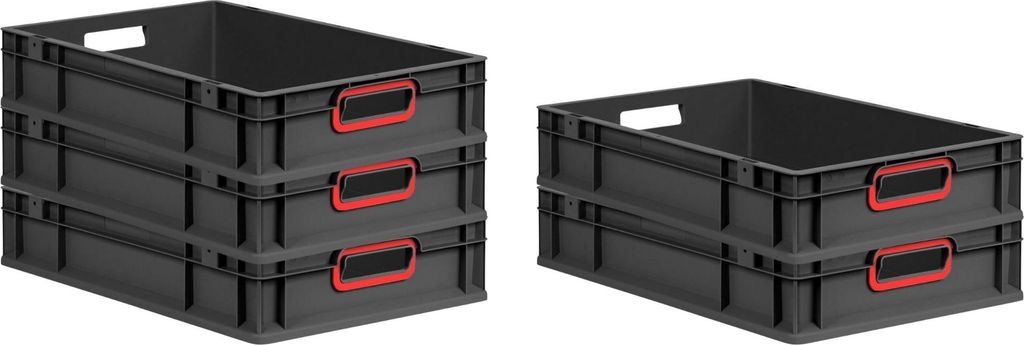 SparSet 5x Eurobox NextGen Color | HxBxT 12x40x60cm | 23 Liter | Griffe rot offen | Schwarz | Eurobehälter, Transportbox, Transportbehälter, Stap...