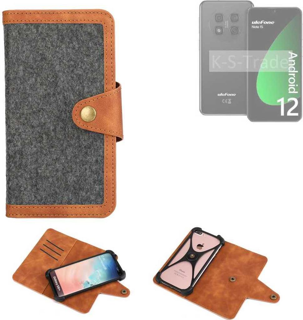 K-S-Trade Schutzhülle Handyhülle kompatibel mit Ulefone Note 15 Filz Hülle Kunst-Leder dunkelgrau braun (1x)