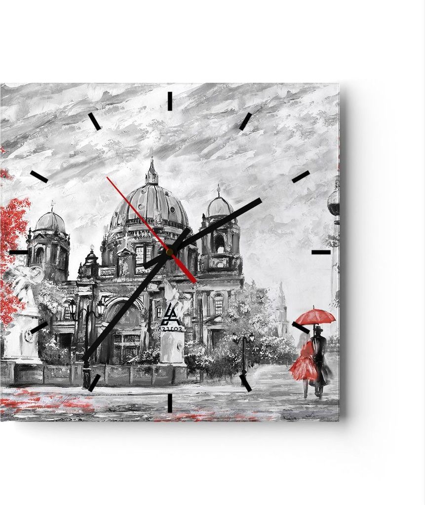 Wanduhr - Quadrat - Glasuhr - Dom Berlin Liebespaar - 30x30cm - Schleichendes Uhrwerk - Lautlos - zum Aufhängen bereit - Dekoration Modern - Wandd...