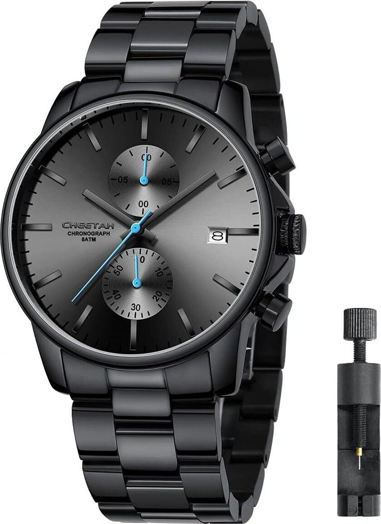Herrenuhren mit lässiger wasserdichter Chronographen Quarzuhr aus Edelstahl und Metall, Auto Date in farbenfrohen Zeigern