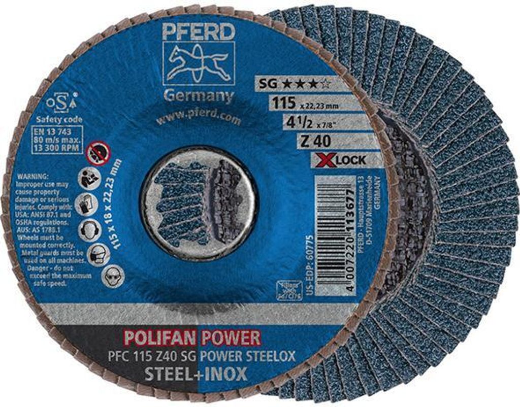 PFERD TOOLS POLIFAN POWER Fächerscheibe PFC 115 mm X-LOCK konisch Z40 SG STEELOX Stahl/Edelstahl 10 Stk