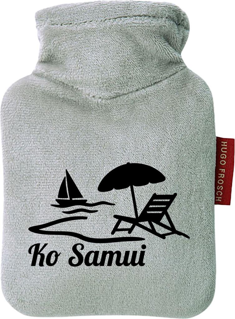 Huuraa Mini-Wärmflasche Ko Samui Inselmotiv Thailand 0,2 Liter Grey Mini Veloursbezug Taschenwärmer Geschenkidee