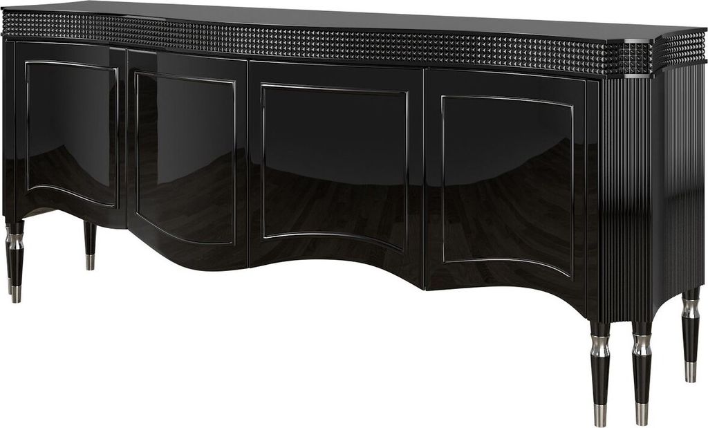 Casa Padrino Luxus Art Deco Sideboard Schwarz / Silber 220 x 53 x H. 93 cm - Edler Wohnzimmer Schrank mit 4 Türen - Art Deco Möbel