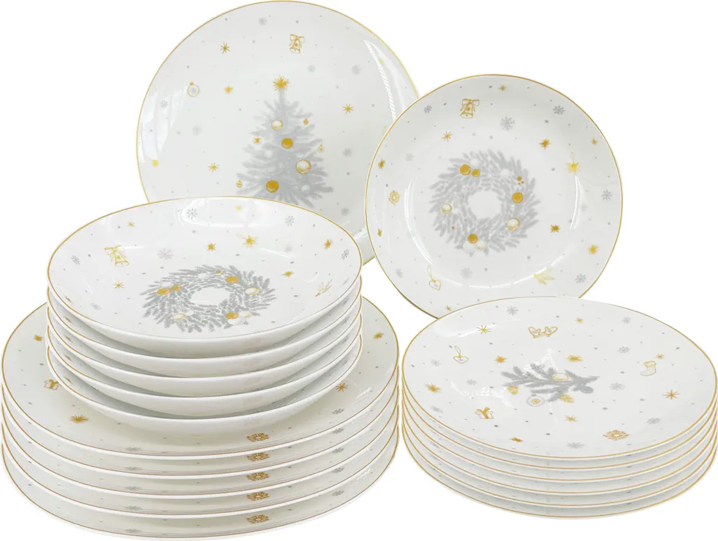 Design Natalizio Silver Koleda 18 Piatti Porcellana Oro Argento