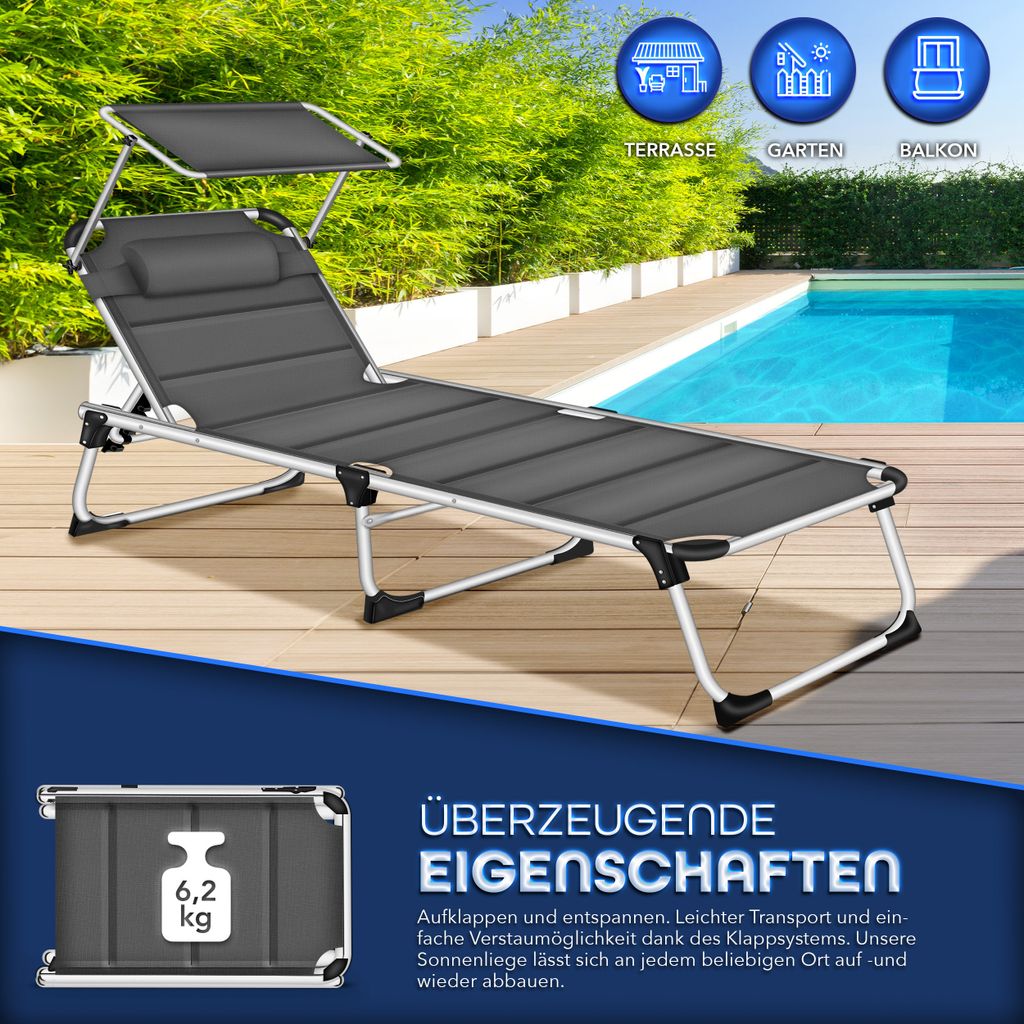 tillvex® Sonnenliege mit Dach und Kopfkissen Anthrazit - Produktbild 7