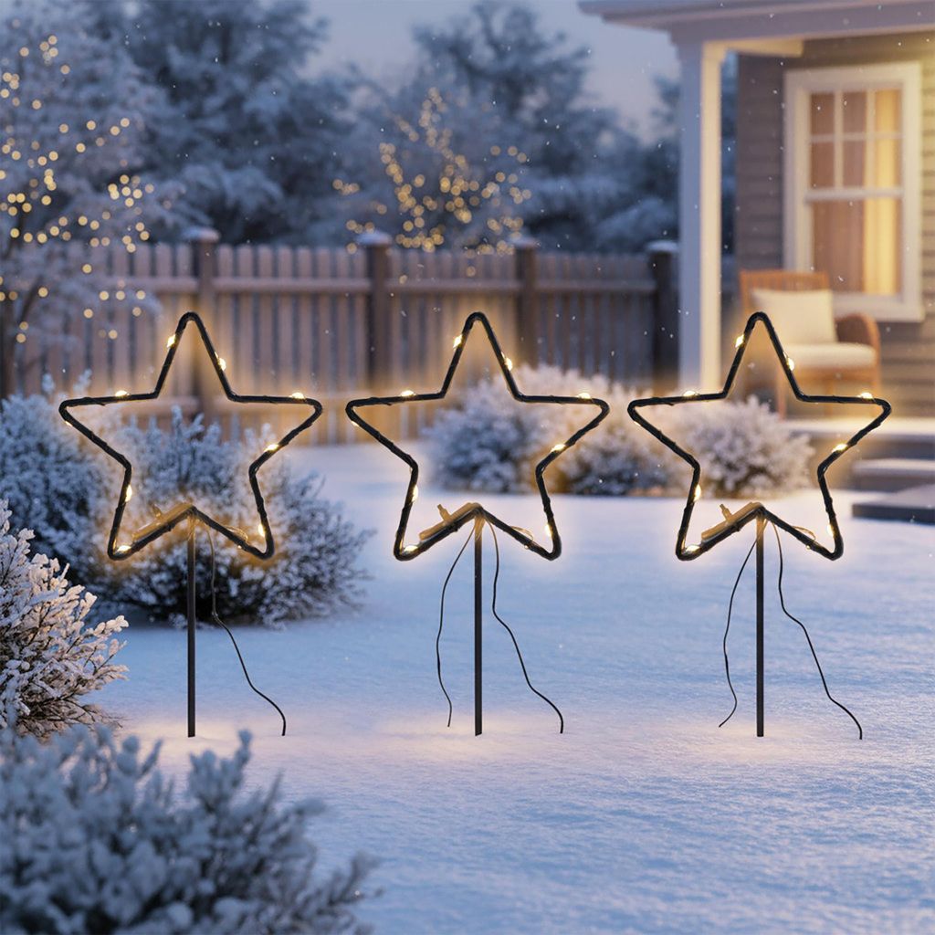 3.06 Gartenstecker Sterne 3er mit gold LED - 30 LED / ca. 21 cm - In- und Outddor / Batterie und Timer (klein)