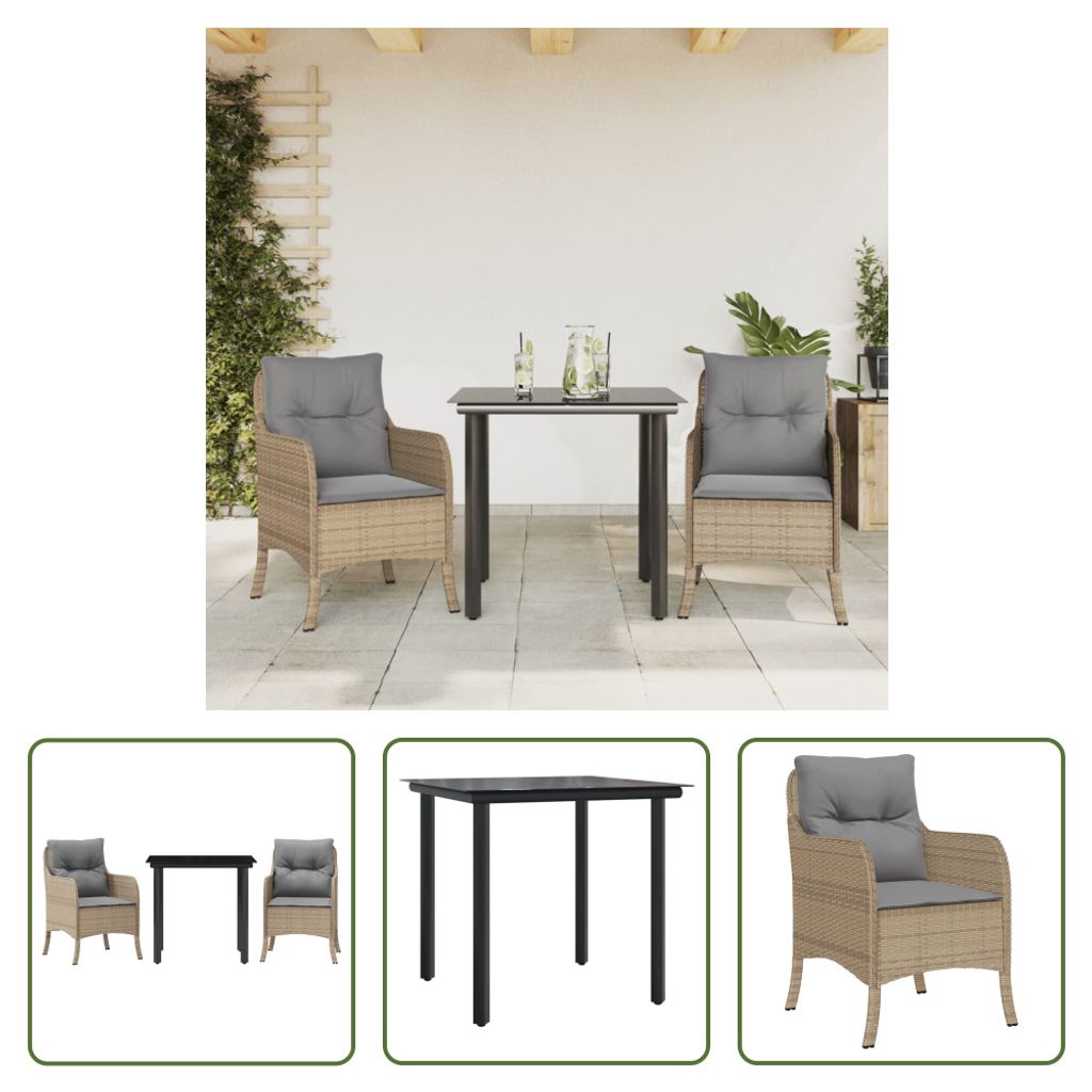 The Living Store 3-tlg. Garten-Essgruppe mit Kissen Beige Poly Rattan
