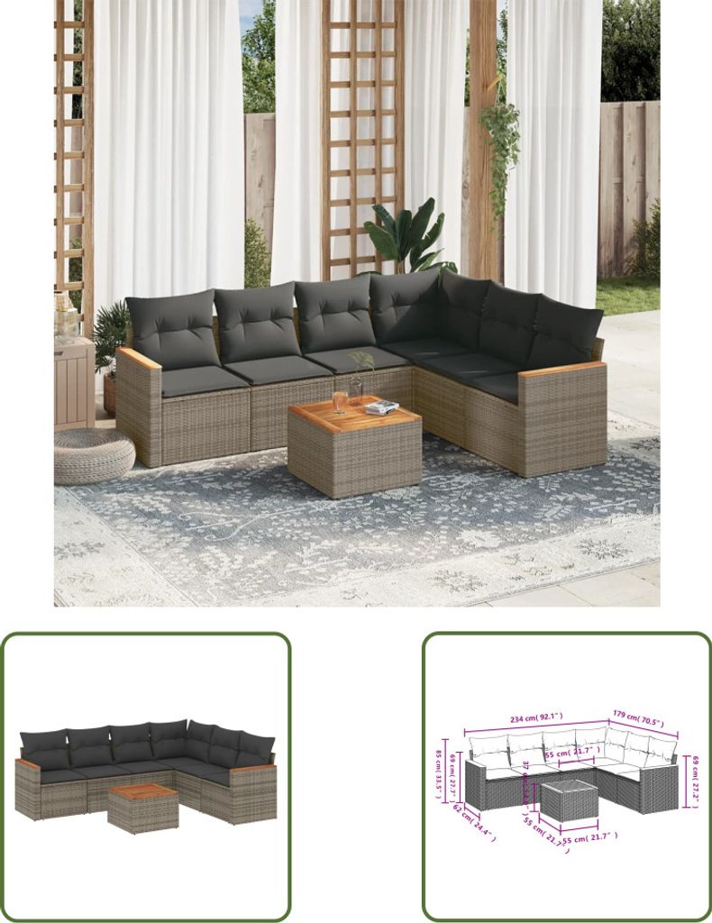 The Living Store 7-tlg. Garten-Sofagarnitur mit Kissen Grau Poly Rattan