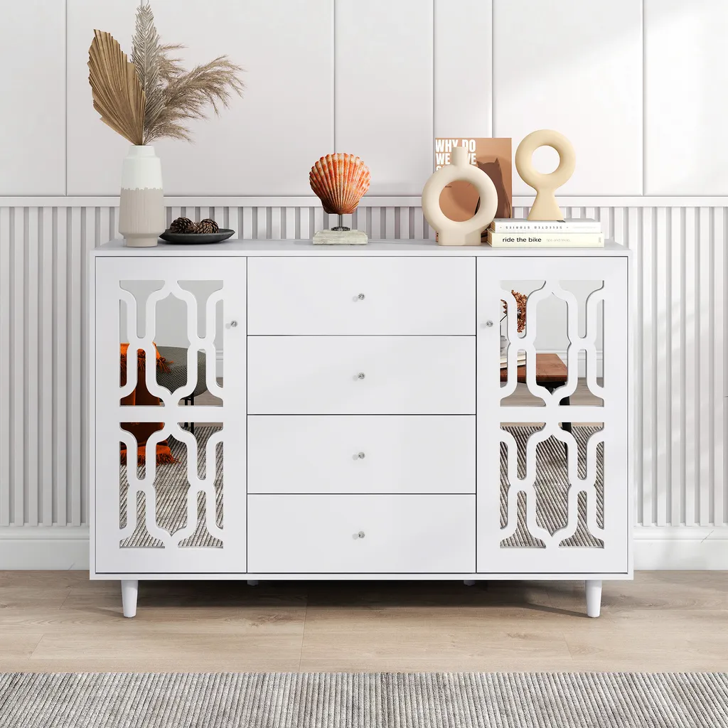 Grande Commode de Salon Blanche Finition Cristal AIORBER 147x40x102 cm