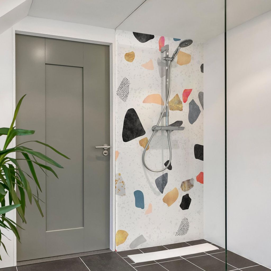 Duschrückwand Muster selbstklebend - 0.61 mm Wandpaneel wasserfest Design weiss Aquarell Abstrakt Badrückwand fugenlos Premium matt 110x210 cm