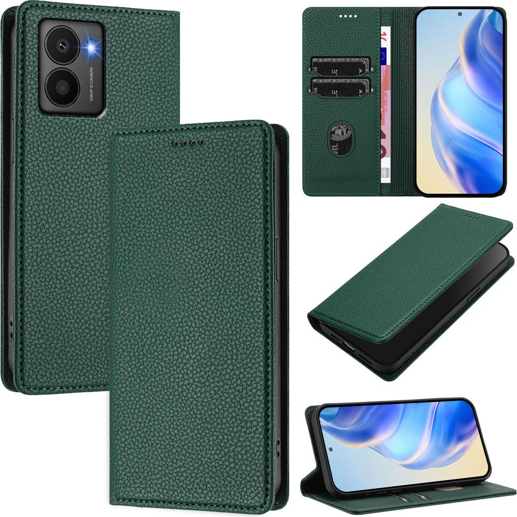 Litchi Leder Handyhülle für HMD Fuison Wallet Kartenfächer Standfunktion Hülle Grün