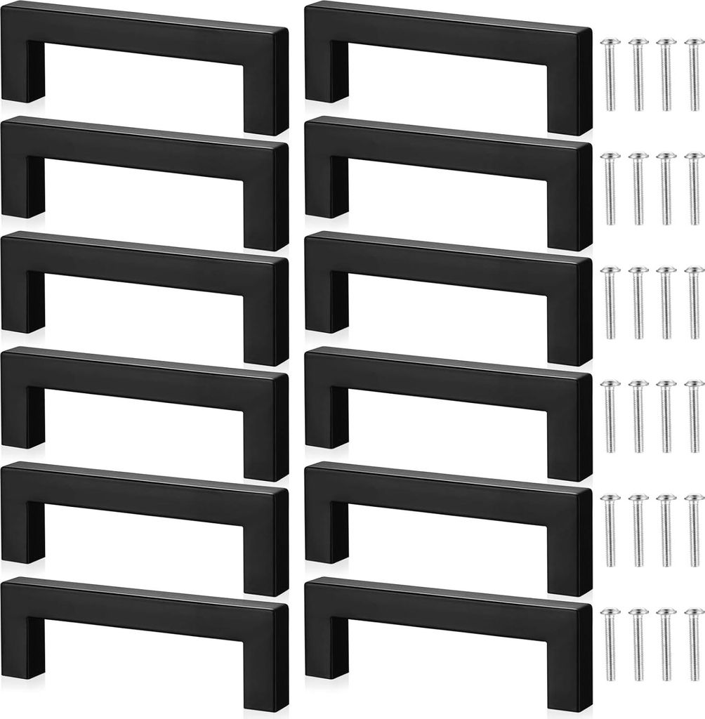 Schwarze Edelstahl-Möbelgriffe, 96 mm, 12er-Set, für Küche, Bad, Schränke und Kleiderschränke, modernes, gebürstetes Finish