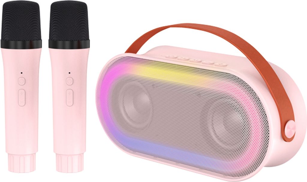 Mini-BT-Karaoke-Maschine, Karaoke-Lautsprecher mit kabellosen Mikrofonen, umwerfender Farblichteffekt fuer Erwachsene und Kinder, Heimparty