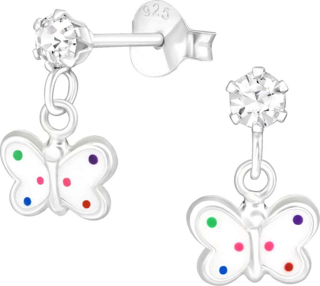Ohrstecker 925 Sterling Silber für Kinder mit Kristall und hängendem Epoxid-Schmetterling