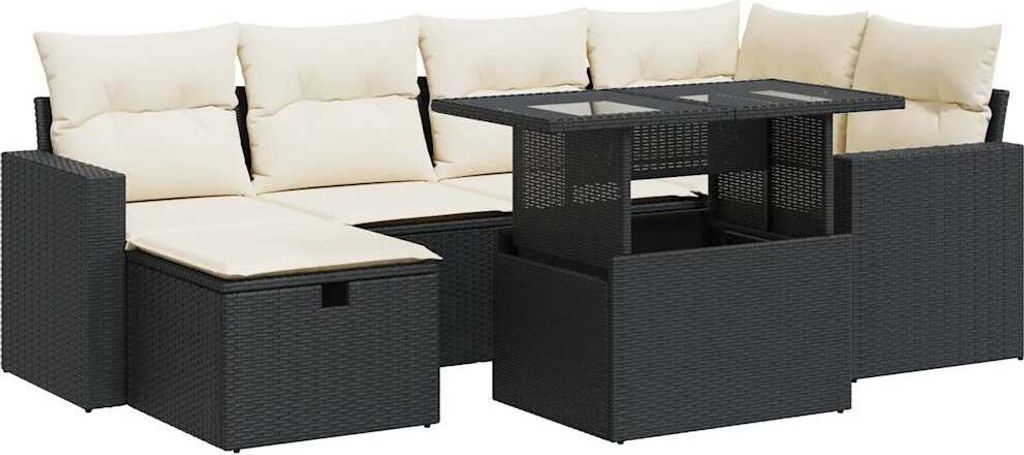 Modulares 7-tlg. Gartenmöbel-Set, Poly Rattan Schwarz, mit Stauraum, Kissen Cremeweiß, UV-beständig, pulverbeschichteter Stahl